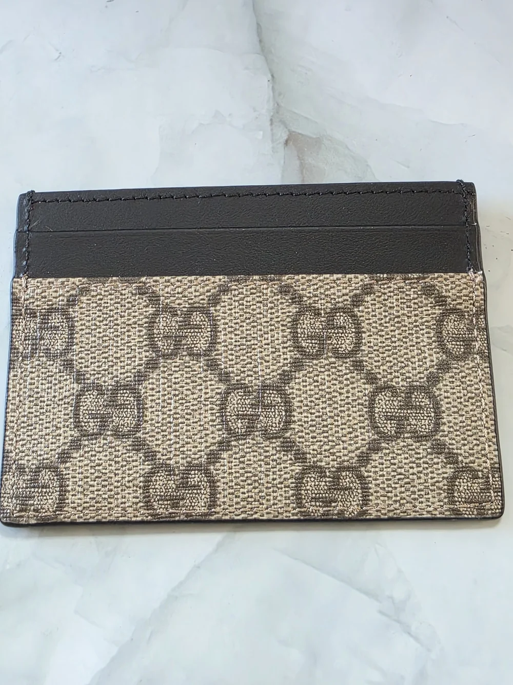 Gucci GG Supreme Card Holder Wallet Beige Ebony Black Leather